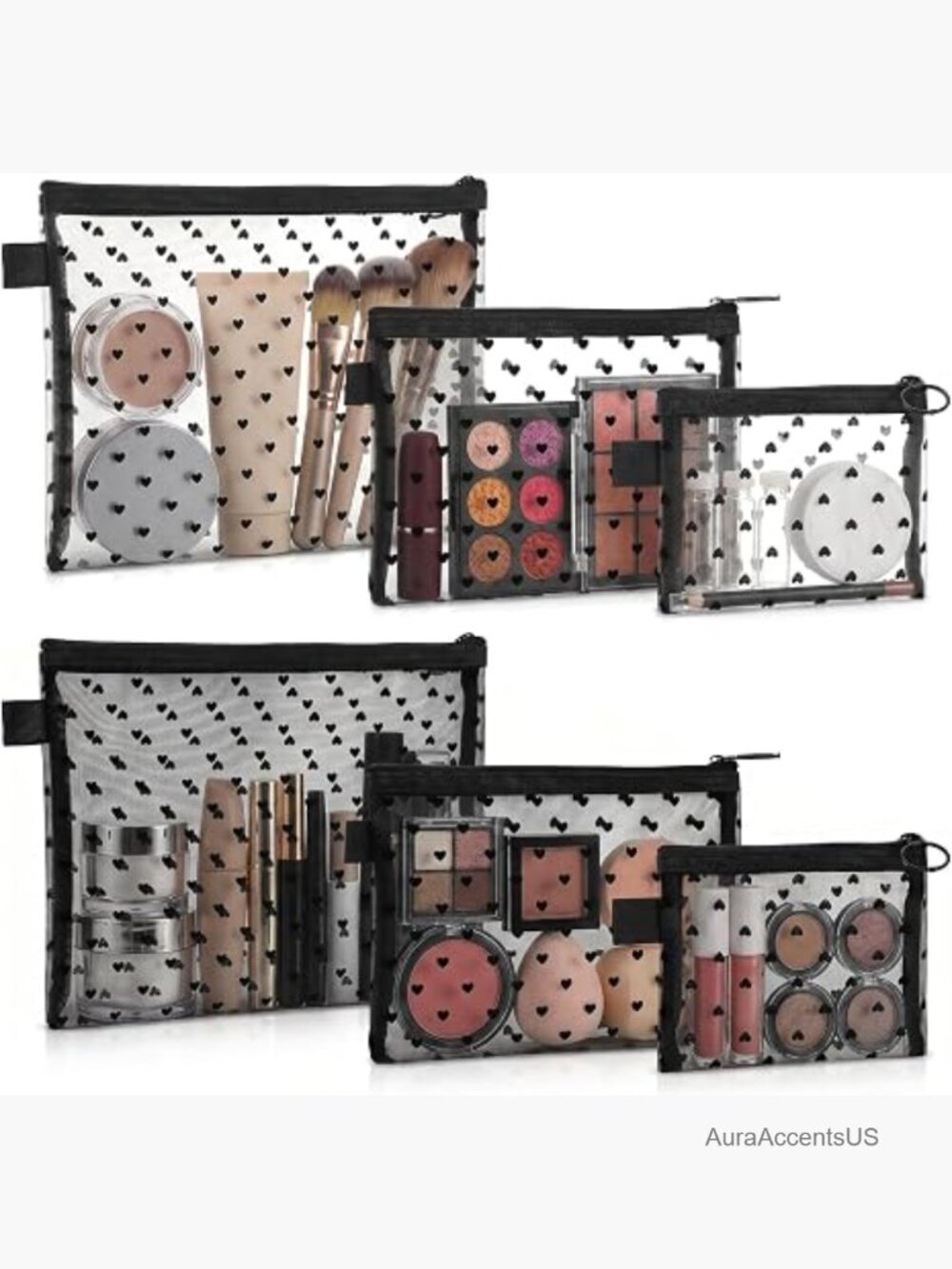 6pcs Mesh Heart Cosmetic Bags Travel Makeup Organizer Pouches With Zipper